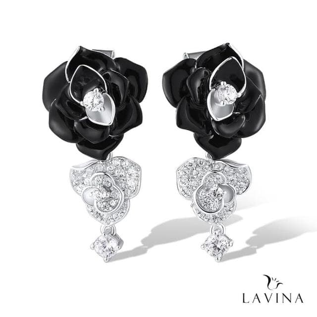 【Lavina 菈薇娜】LAVINA藝術花韻系列-華麗經典925銀單鑽滴油黑玫白鑽之美垂吊耳飾