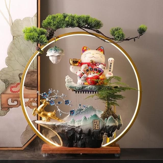 流水擺件迴圈水一鹿發財招財貓擺件開業禮物自動招手客廳前臺公司