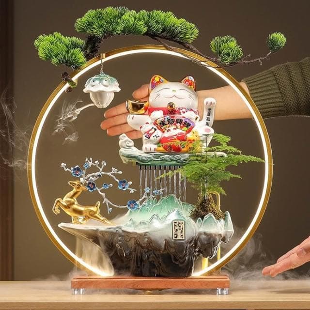 流水擺件迴圈水一鹿發財招財貓擺件開業禮物自動招手客廳前臺公司