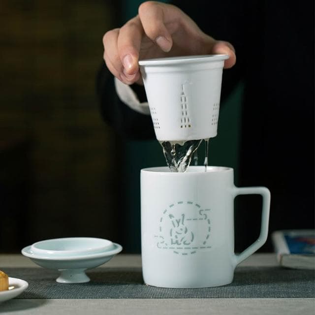 景德鎮帶蓋辦公杯茶泡茶杯中秋送禮陶瓷茶杯青白瓷玲瓏過濾杯家用