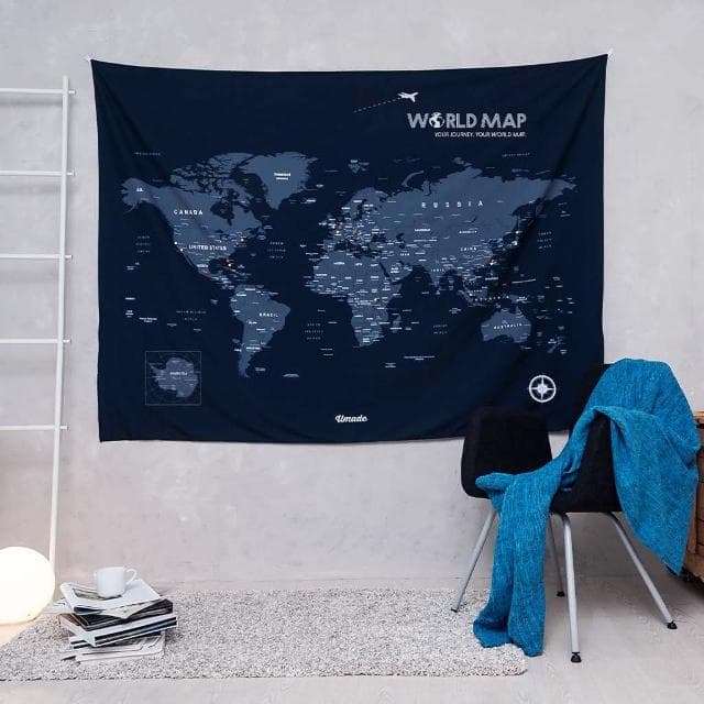 【Umade】世界地圖掛布 海軍藍色 S/M 附磁鐵地標扣 牆壁裝飾 房間佈置 居家情境裝飾 情侶禮物 生日禮物