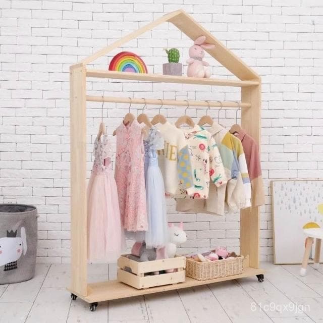 免運 可開髮票 兒童衣帽掛衣架臥室落地嬰幼兒可愛衣架掛衣桿實木收納衣服架子 兒童衣帽架落地 掛衣架 幼兒衣物收納置物架