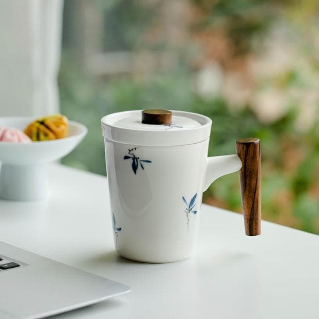 泡茶杯手繪白瓷帶蓋過濾陶瓷茶水分離辦公馬克杯水杯生日禮物