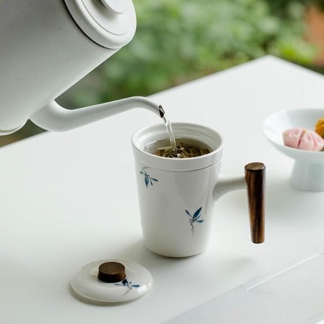 泡茶杯手繪白瓷帶蓋過濾陶瓷茶水分離辦公馬克杯水杯生日禮物