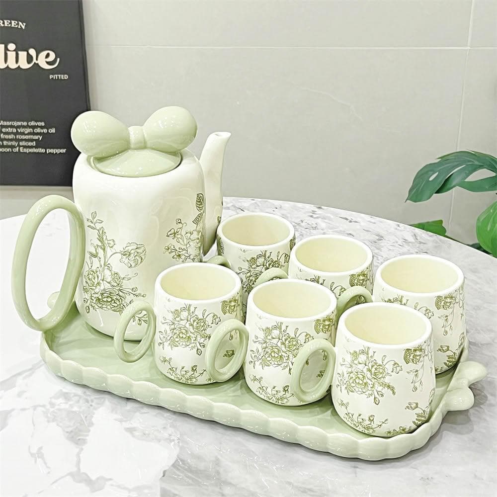 水壺套裝 奶油風陶瓷水杯套裝 家用客廳待客復古花朵水壺茶杯 喬遷結婚禮物茶杯
