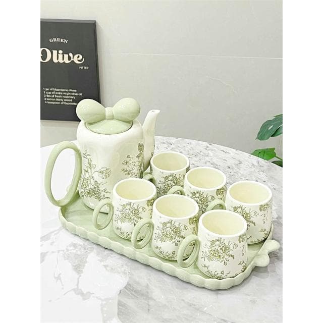 水壺套裝 奶油風陶瓷水杯套裝 家用客廳待客復古花朵水壺茶杯 喬遷結婚禮物茶杯