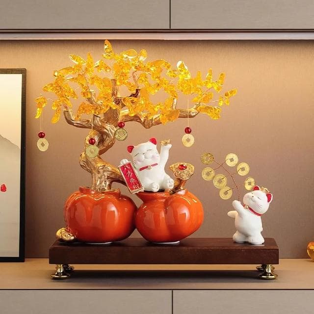 【Felsted 菲仕德】事事如意柿子招財貓發財樹擺件禮品（擺飾 聖誕禮物 生日禮物 擺設 送禮 裝飾品 收藏）
