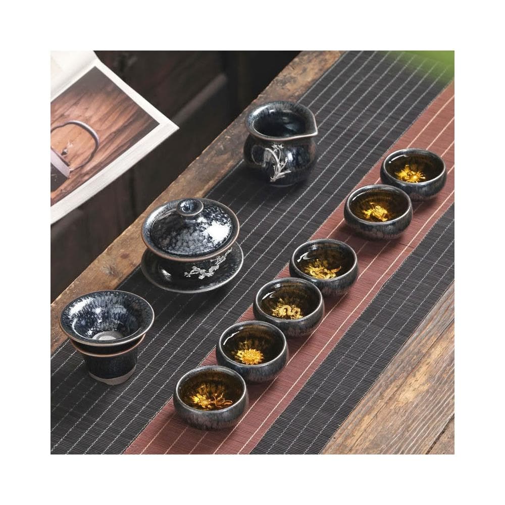 ⭐⭐台灣出貨 建盞茶具套裝家用整套茶杯茶碗茶具百花鑲銀功夫茶具套裝茶具禮盒