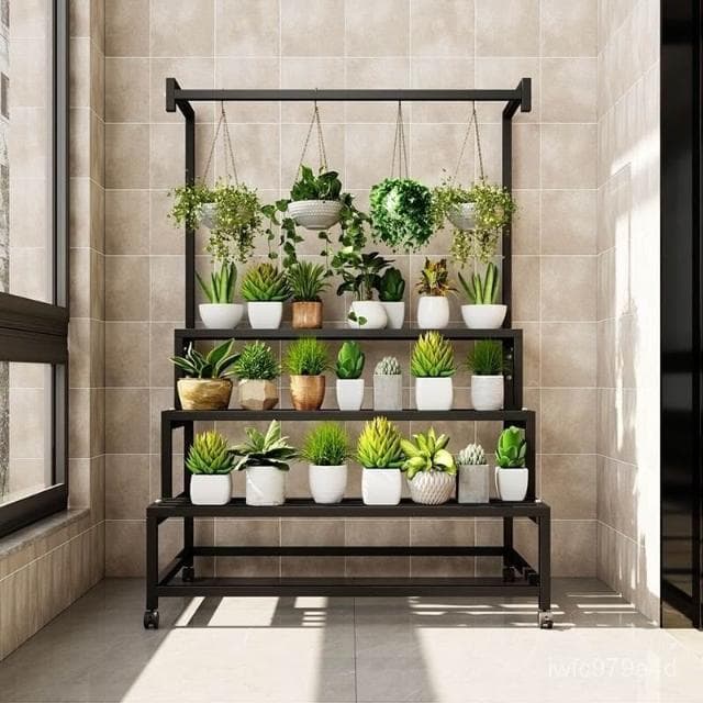 鐵藝花架  免運 帶萬向輪盆栽架子 陽臺花架 落地層架 置物架 客廳多層落地階梯式花架 室內戶外盆栽室外植物架子 盆栽架