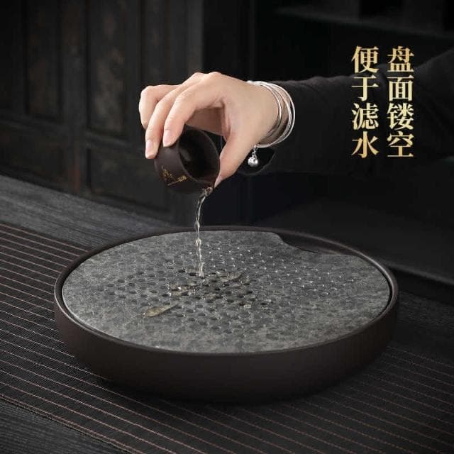 圓形儲水式烏金石紫砂 茶盤 家用陶瓷 茶具 小茶臺 蓄水茶 托盤
