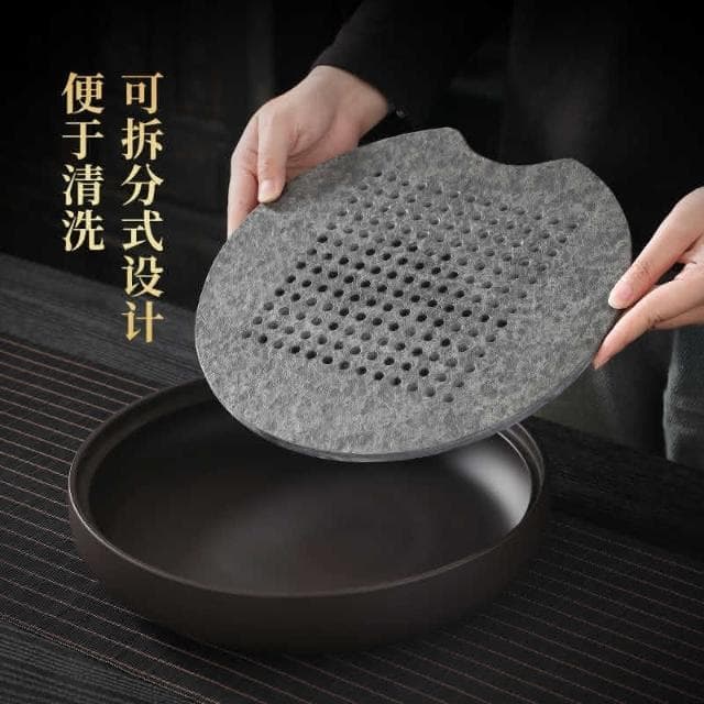 圓形儲水式烏金石紫砂 茶盤 家用陶瓷 茶具 小茶臺 蓄水茶 托盤