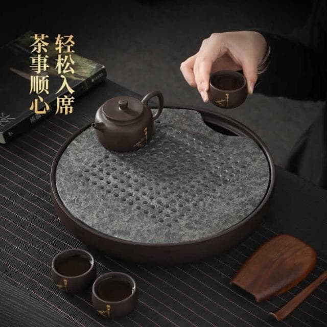 圓形儲水式烏金石紫砂 茶盤 家用陶瓷 茶具 小茶臺 蓄水茶 托盤