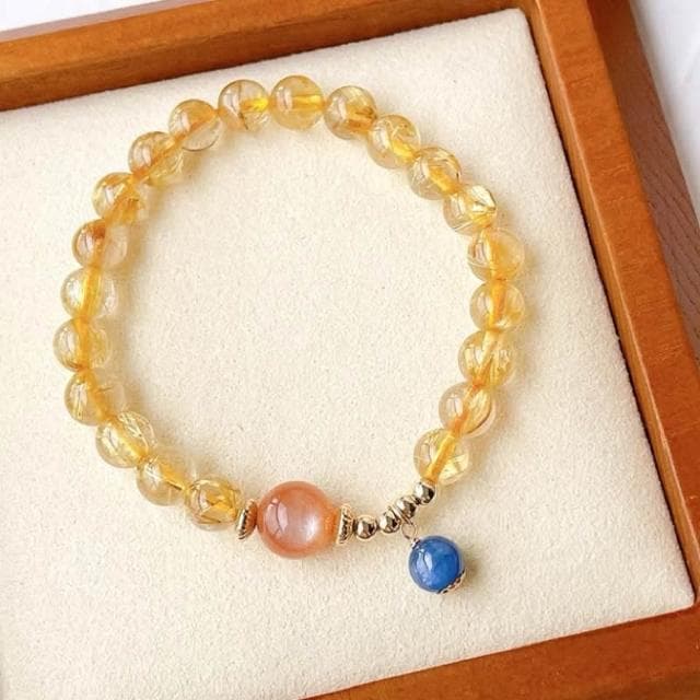 【開運堂】現貨  天然金髮晶太陽石藍晶石三圈鍍金手鍊招財手鏈情侶生日禮物聖誕節禮物