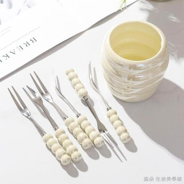水果叉子組 點心叉 水果叉組合 水果叉組 ins風高顏值水果叉餐具不鏽鋼可愛收納罐家用水果盤叉子套裝擺件