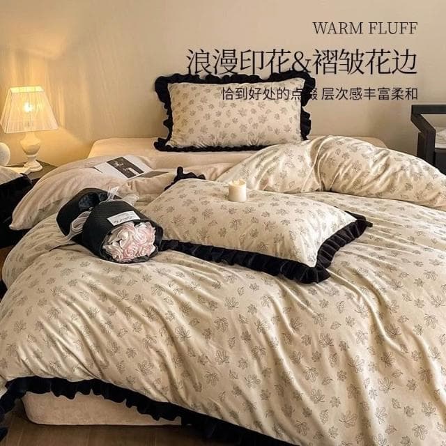法式燈芯絨床上四件套珊瑚牛奶絨高級感床單輕奢花邊被套冬被 被子 厚被子 被芯 保暖冬被 棉被 暖暖被 學生宿舍被褥床品