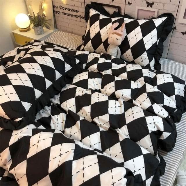 法式復古菱形格子床上用品四件套學生宿舍黑花邊被套床單冬被 被子 厚被子 被芯 保暖冬被 棉被 暖暖被 學生宿舍被褥