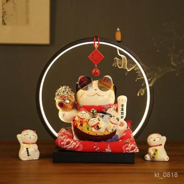 招財貓 搖手招財貓  玄關 燈圈 倒流香招財貓擺件 開運 招財擺飾 風水擺件 入厝禮物 開幕送禮