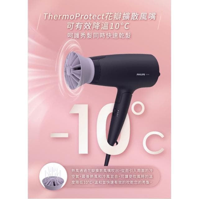 【Philips 飛利浦】BHD318/01 溫控負離子吹風機 -紫