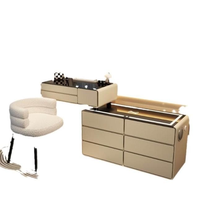 簡約高級感梳粧檯臥室化妝桌收納一體可無線充電帶藍牙音響實木