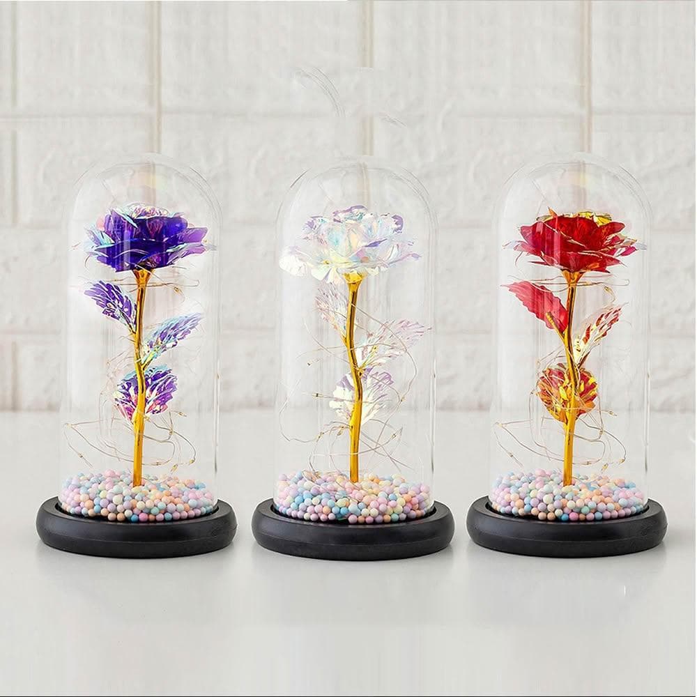 【VENCEDOR】玻璃罩玫瑰花-帶小燈飾 情人節禮物 畢業禮品 生日送禮 禮盒組-2入