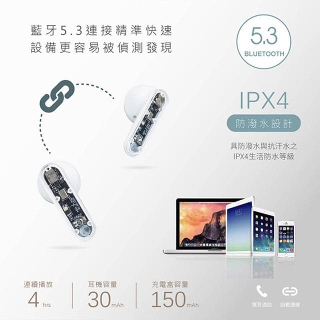 【RASTO】RASTO RS52 透視款藍牙5.3真無線耳機 - IPX4防水，輕巧設計，4-5小時長效使用