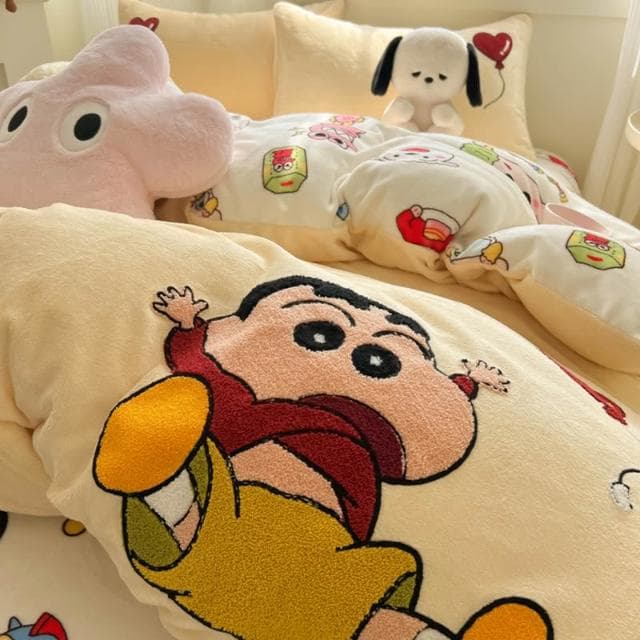 冬季加厚牛奶絨四件套ins毛巾繡蠟筆小新被套珊瑚絨床單宿舍3件套