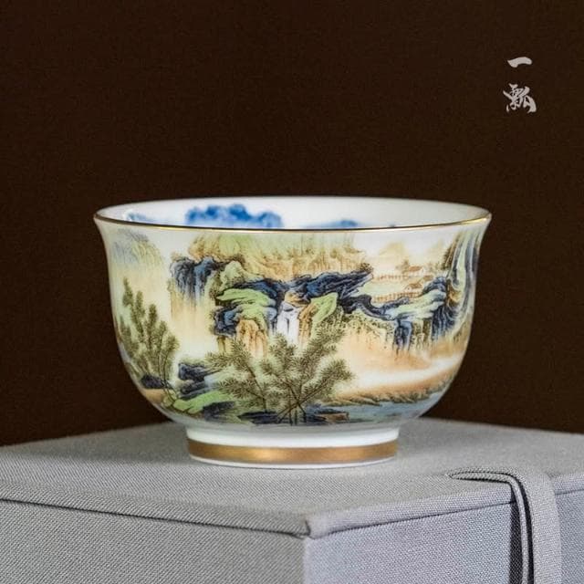 景德鎮琺瑯彩主人杯功夫茶具國風山水品茗杯青花山水茶杯單杯大號