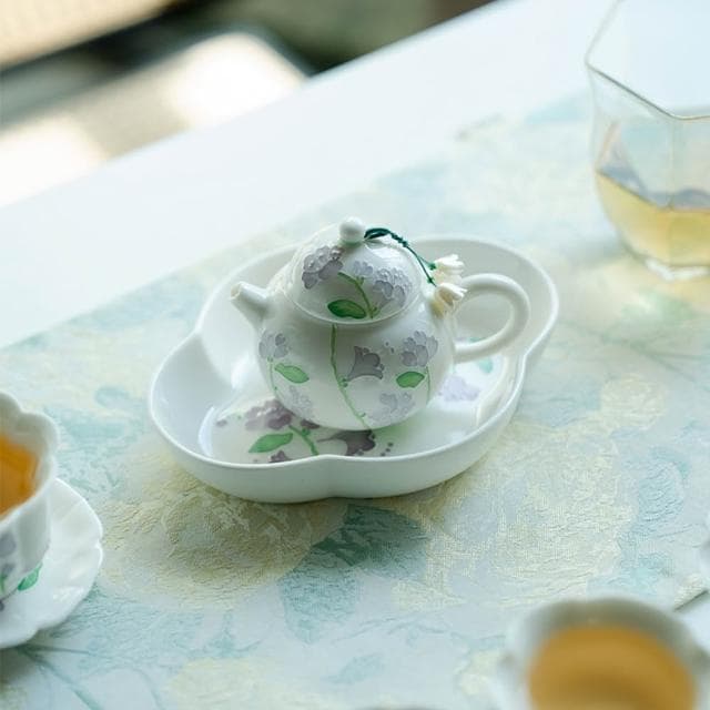 Jimi 集米 手繪鈴蘭花陶瓷套裝 功夫茶具 茶壺蓋碗花口品茗杯 主人茶杯 木盒套組 禮盒裝