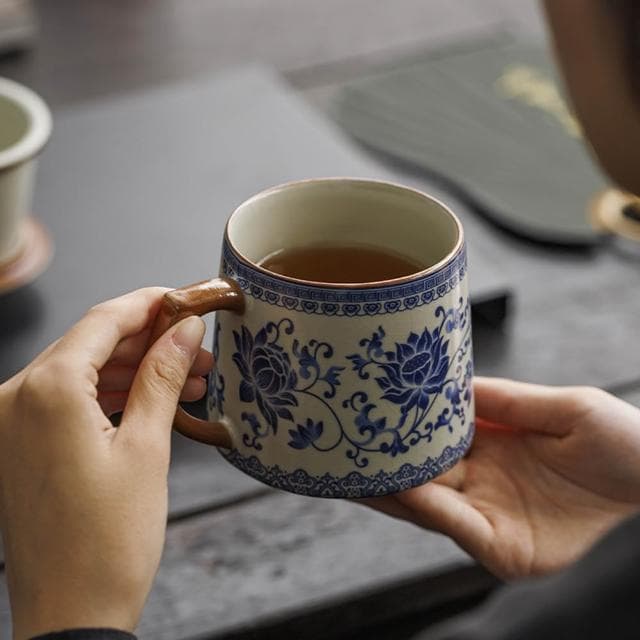 Jimi 集米 茶杯 茶水分離杯 汝窯泡茶杯 茶水分離青花瓷茶具 辦公室杯 陶瓷馬克杯