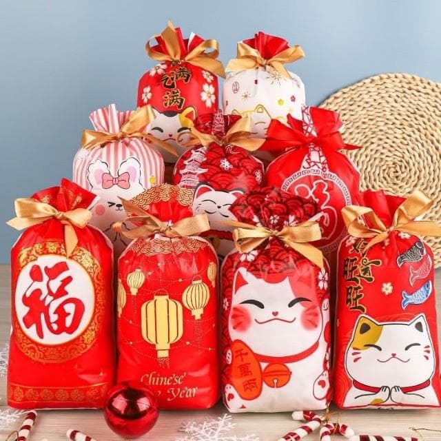 禎巧妙 台灣現貨 束口袋 新年 過年 春節 束口袋 抽繩袋 福袋 餅乾袋 生日派對 包裝袋子 婚禮小物 拉繩袋 喜糖袋 緞帶 蝴蝶結 糖果