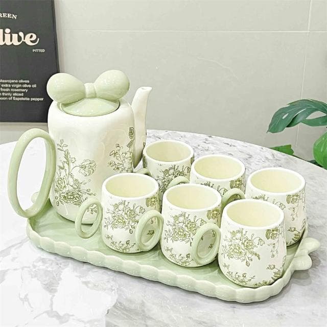 水壺套裝 奶油風陶瓷水杯套裝 家用客廳待客復古花朵水壺茶杯 喬遷結婚禮物茶杯