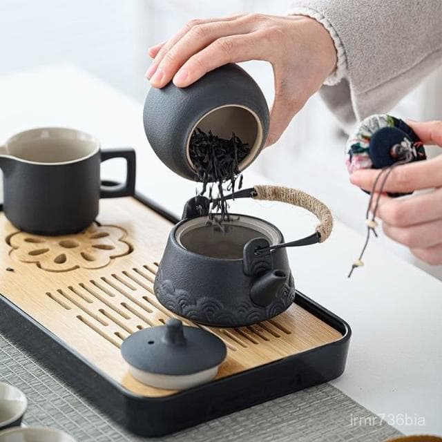 宅配免運🚛破損包賠✨日式黑陶 旅行功夫茶具 茶器 泡茶組 小套裝便攜收納包簡約泡茶壺茶杯 戶外提樑壺