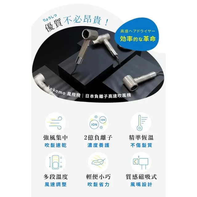 【kokomo】風飛飛・日本負離子高速吹風機 KO-IH2335 (珍珠白/灰銀色)