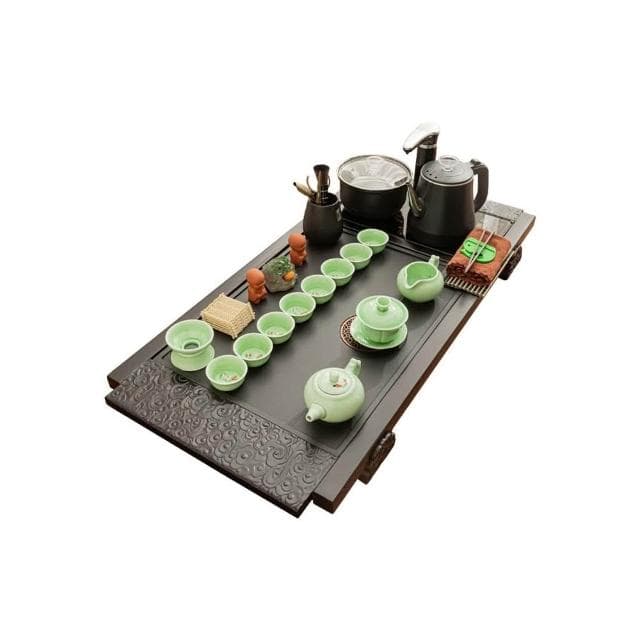 整套功夫茶具套裝家用現代簡約實木仿烏金石瓷燒水全自動一體茶盤