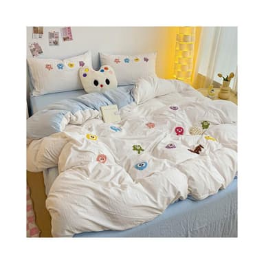 小怪獸毛巾刺繡 4 合 1 床單套裝素色床上用品套裝單人/大號/特大號平板床單/床單被套/枕套睡眠貼身