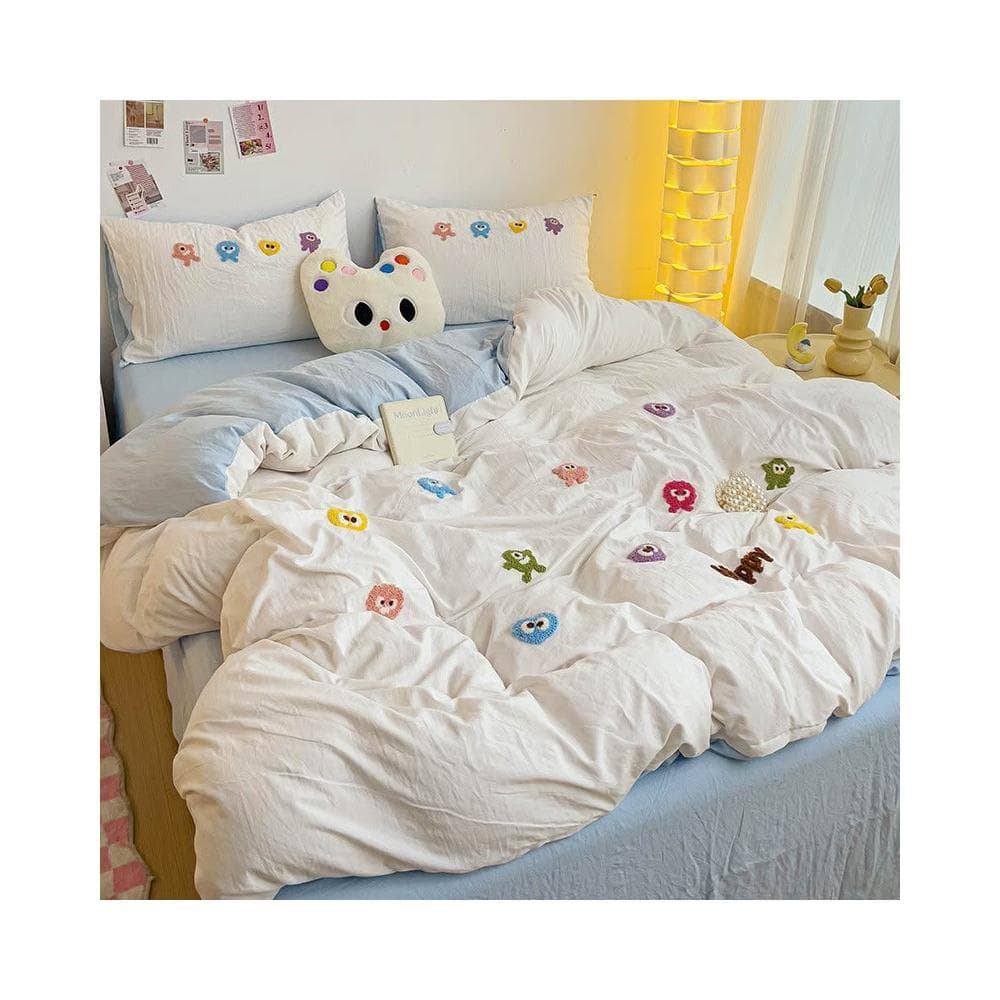 小怪獸毛巾刺繡 4 合 1 床單套裝素色床上用品套裝單人/大號/特大號平板床單/床單被套/枕套睡眠貼身