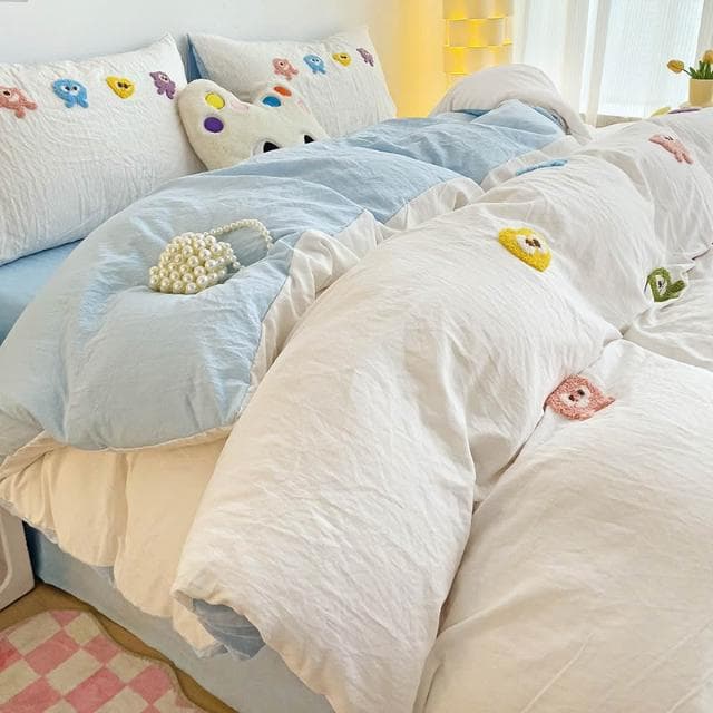 小怪獸毛巾刺繡 4 合 1 床單套裝素色床上用品套裝單人/大號/特大號平板床單/床單被套/枕套睡眠貼身