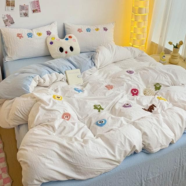 小怪獸毛巾刺繡 4 合 1 床單套裝素色床上用品套裝單人/大號/特大號平板床單/床單被套/枕套睡眠貼身