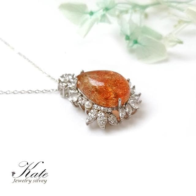 【KATE】銀飾 華麗璀璨花葉天然金太陽石純銀項鍊 12.07ct 金太陽石 能量石 提升正能量 增加自信心 天然水晶 生日禮物 情