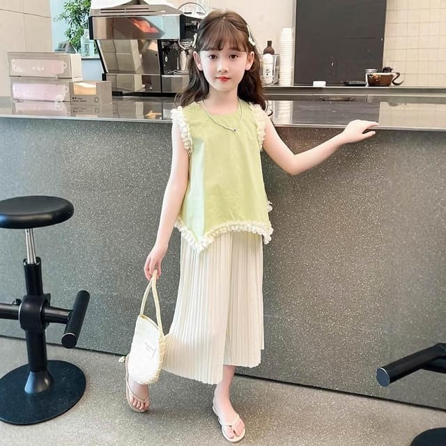 【Arbea】女童夏季洋氣套裝網紅女寶寶不規則蕾絲上衣兒童寬腿褲【C1206】