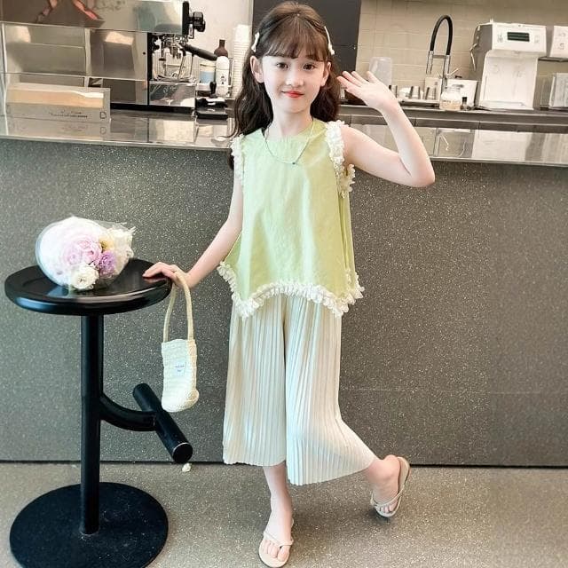 【Arbea】女童夏季洋氣套裝網紅女寶寶不規則蕾絲上衣兒童寬腿褲【C1206】