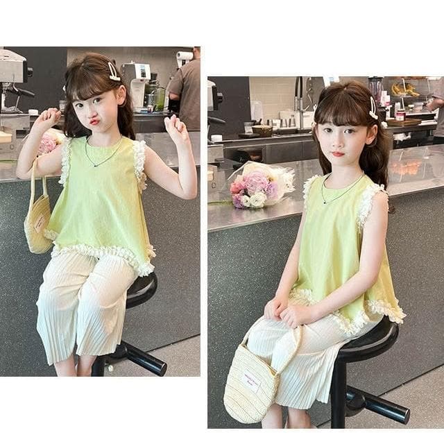 【Arbea】女童夏季洋氣套裝網紅女寶寶不規則蕾絲上衣兒童寬腿褲【C1206】
