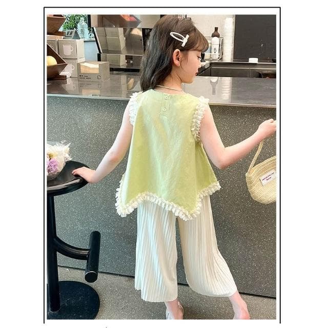【Arbea】女童夏季洋氣套裝網紅女寶寶不規則蕾絲上衣兒童寬腿褲【C1206】