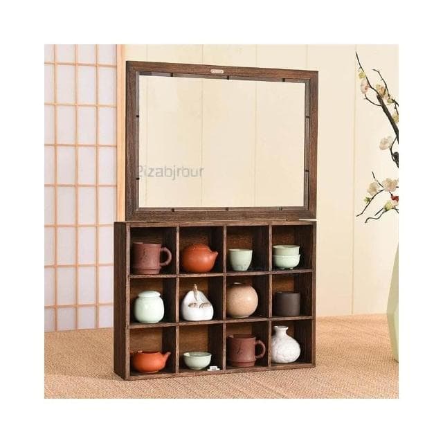 实木茶壶展示盒 茶具防尘格子 收纳柜 置物架 化妆品首饰器皿 小博古架 廚房收納置物架 防塵收納櫃 茶水櫃