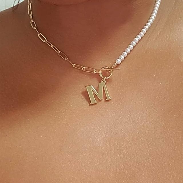 【CReAM】Amelia銅合金鍍14K金色 英文字母人工珍珠項鍊金色女項鏈(生日 禮物 送禮 禮盒)