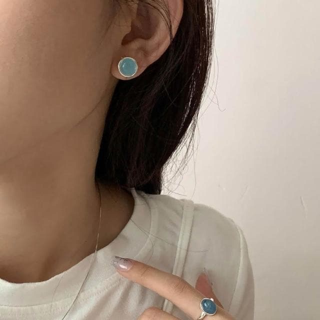 Rencontre 絕美質感♡天然石圓形耳釘 海藍寶♡白玉髓