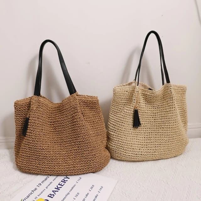 【巴黎精品】情人節禮物 現貨秒發 草編包手提包渡假風單肩側背包大容量流蘇編織包-法式復古黑流蘇單肩女包包2色a1hb42