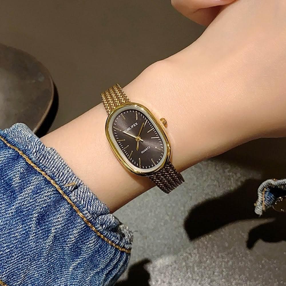 【LEESA】韓版手錶\ins風\高級感\女生手錶\精緻\學生手錶\石英錶\錶\手錶\金色手錶\指針式\復古錶\橢圓形錶\氣質