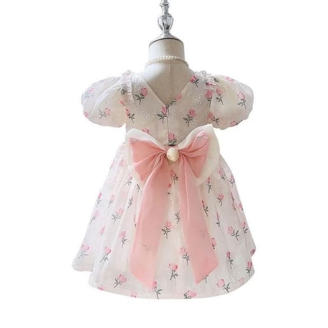 【Arbea】女童夏季短袖連衣裙兒童表演服後背大蝴蝶結禮服裙子 C35