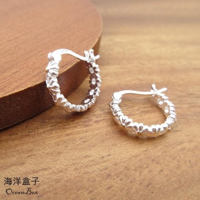 【海洋盒子】純潔唯美清新黃色小雛菊S990純銀針式易扣耳環.圈圈耳環
